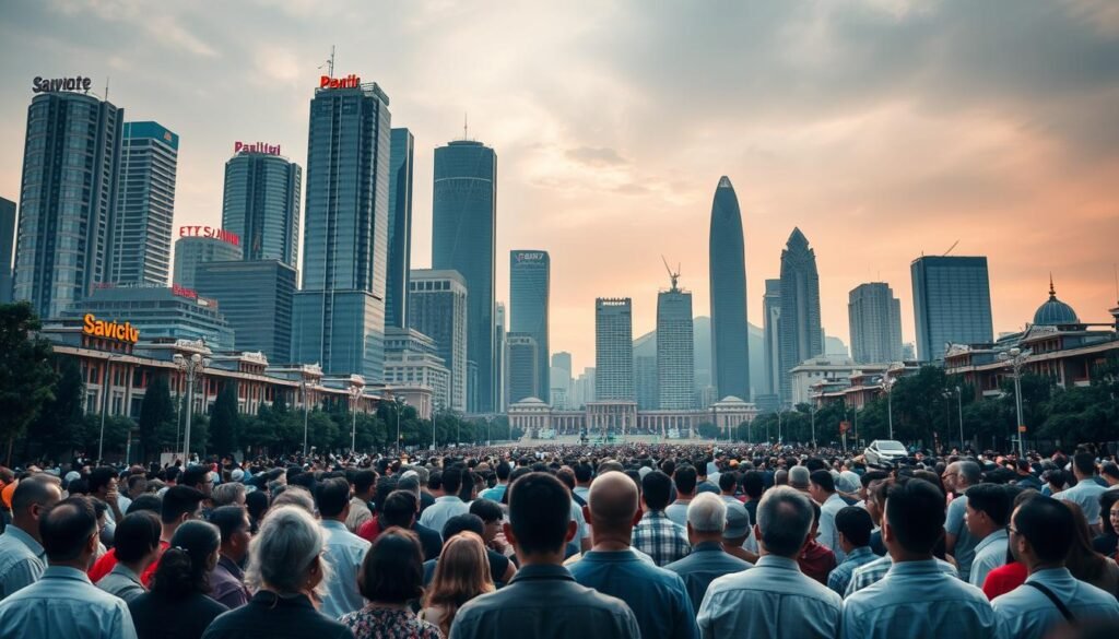 A bustling city skyline, its towering skyscrapers and modern architecture juxtaposed against the backdrop of a serene, contemplative crowd gathered in the town square. The people, a diverse representation of the public, stand in thoughtful poses, their expressions a mix of curiosity, concern, and contemplation as they ponder the potential changes to the nation's founding document, the UUD 1945. Soft, diffused lighting casts a warm, introspective glow, capturing the gravity of the moment. The scene conveys a sense of civic engagement and public discourse, where the people's perceptions and voices shape the future of their country's constitutional landscape.