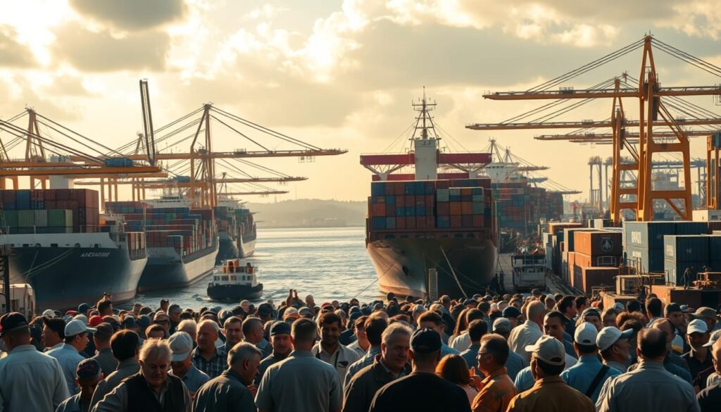 A bustling seaport scene, with cargo ships unloading containers against a backdrop of towering cranes and warehouses. In the foreground, a crowd of workers and merchants gathers, their expressions a mix of concern and contemplation as they discuss the economic implications of the latest import tariff policies. The lighting is natural, with warm sunlight filtering through clouds and casting long shadows across the dockyard. The overall mood is one of uncertainty and the weight of the decision-making process, hinting at the complex social and economic impacts that may result from the policy changes.