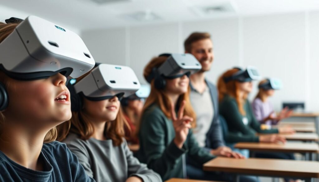 A classroom filled with students engrossed in virtual reality headsets, their faces illuminated by the glow of the screens. In the foreground, a young student leans forward, their eyes widening with wonder as they explore a digital world. The middle ground features several students collaborating, gesturing and discussing their virtual experiences. In the background, the teacher stands nearby, guiding and observing the class, a warm smile on their face. Soft, diffused lighting creates a serene, focused atmosphere, highlighting the students' concentration and the transformative potential of virtual reality in education.