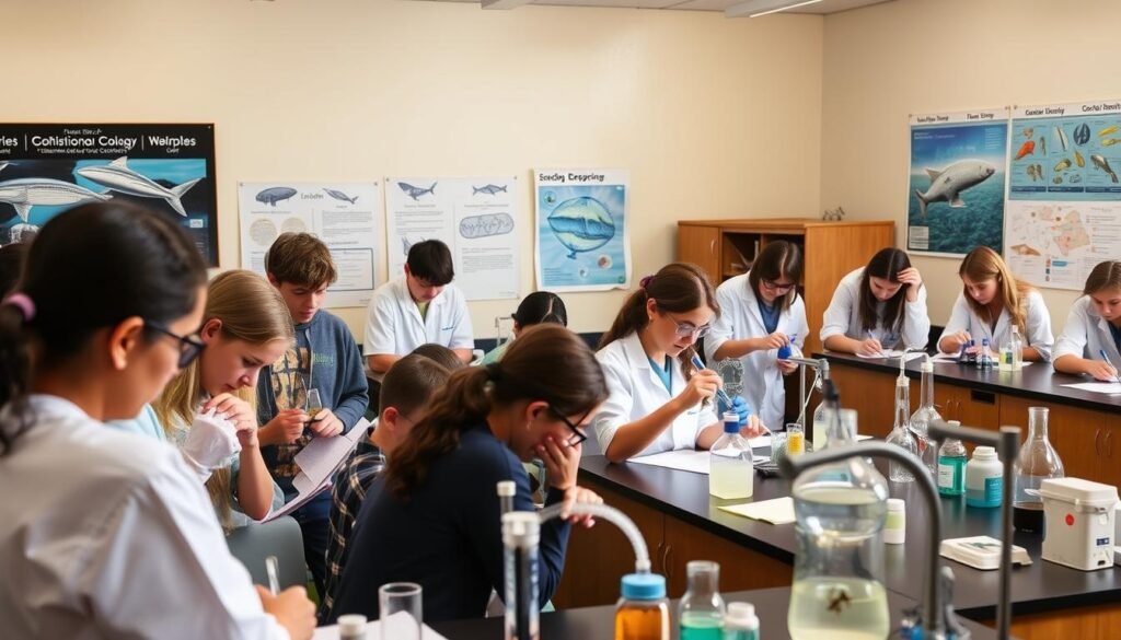 A classroom setting with students intently engaged in a hands-on science experiment. In the foreground, a group of students huddled around a lab station, meticulously examining specimens and taking notes. Midground, other students perform titrations, observe chemical reactions, and operate scientific equipment with focused attention. The background showcases educational posters and diagrams related to marine biology and oceanography, creating an atmosphere of scientific inquiry and ocean literacy. Warm, natural lighting illuminates the scene, casting a soft glow on the students' faces as they explore the wonders of the marine environment through experiential learning.