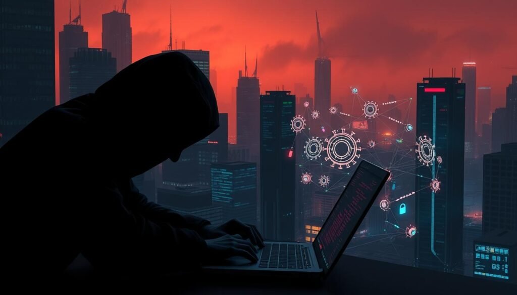 A dark, ominous cyberpunk cityscape at night, with towering skyscrapers and a hazy, neon-lit atmosphere. In the foreground, a shadowy figure hunches over a laptop, fingers rapidly typing, as lines of code and digital interference swirl around them. In the middle ground, various digital attack vectors manifest as glowing, geometric shapes - viruses, malware, and other cyber threats. In the background, a network of interconnected devices and servers represent the vulnerable digital infrastructure. The scene conveys a sense of danger, vulnerability, and the urgent need to defend against the growing threats of the digital age.