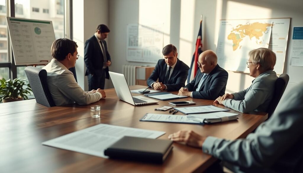A detailed analysis of international trade policies, with a focus on the strategic review of current US tariffs. Set against a backdrop of a modern office environment, featuring a wooden desk, laptop, and organizational charts. Soft, natural lighting illuminates the scene, creating a contemplative, analytical atmosphere. The composition emphasizes the collaborative nature of the policy review, with government officials and policymakers engaged in discussion. Subtle textures and muted colors convey the gravity and complexity of the subject matter.