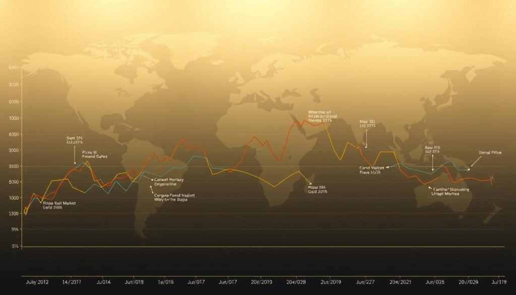 A detailed global gold price chart depicting the fluctuating trends over time. The foreground showcases a line graph with colored lines representing the ebb and flow of gold prices across major international markets. The middle ground includes contextual annotations highlighting key price points, dates, and economic factors influencing the market. The background features a muted world map, emphasizing the worldwide scope of the gold trade. The lighting is soft and evenly distributed, creating a sophisticated, data-driven visualization. The overall composition conveys the dynamic and far-reaching nature of the global gold economy.