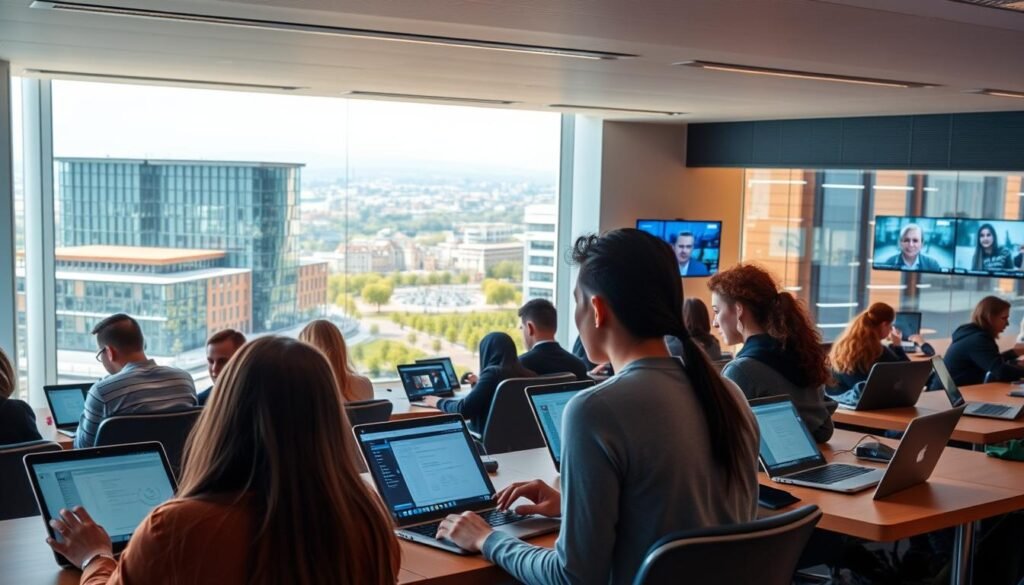 A digital learning environment at the Open University, with students engaged in interactive lectures, accessing online course materials, and collaborating via video conferencing. The foreground features a diverse group of students intently focused on their studies, using laptops and tablets. The middle ground showcases the university's modern, well-equipped classrooms and learning spaces, filled with the latest educational technology. In the background, a futuristic campus landscape unfolds, with sleek architecture, green spaces, and a sense of innovation and progress. The scene is bathed in warm, natural lighting, creating a inviting, tech-savvy atmosphere that reflects the university's commitment to embracing emerging technologies for enhanced learning experiences.