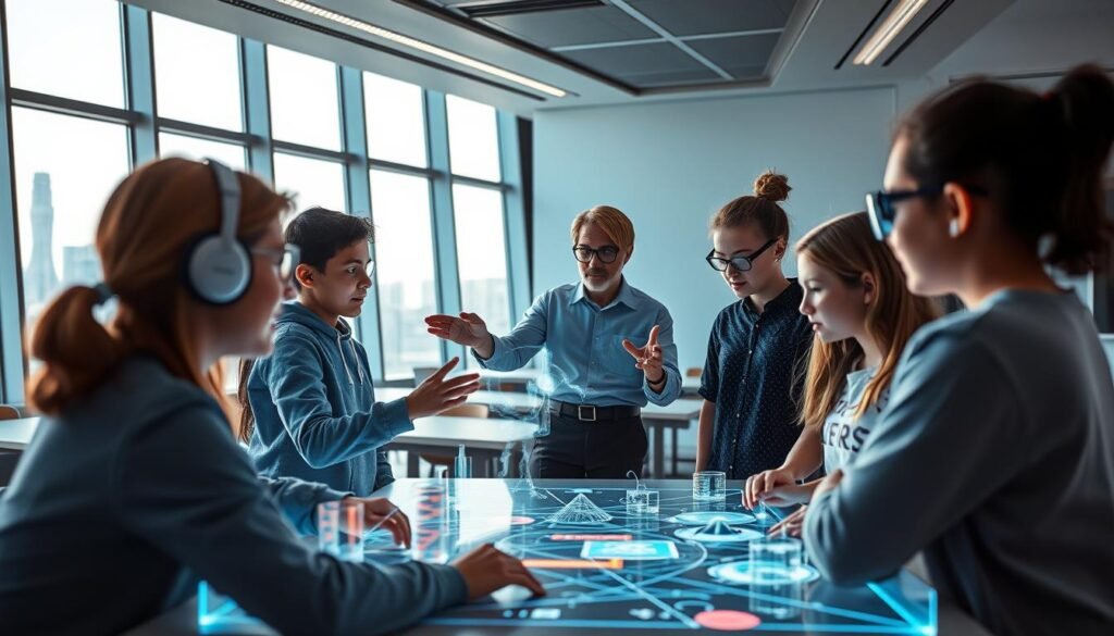 A futuristic classroom setting with students immersed in a holographic, augmented reality learning environment. In the foreground, a group of students are collaborating on a 3D virtual project, their faces lit by the glow of the holographic displays. In the middle ground, a teacher guides the students, using hand gestures to manipulate the virtual elements. The background showcases a sleek, minimalist classroom design with large windows providing natural lighting and a view of a futuristic cityscape outside. The overall atmosphere is one of innovation, exploration, and cutting-edge educational technology.