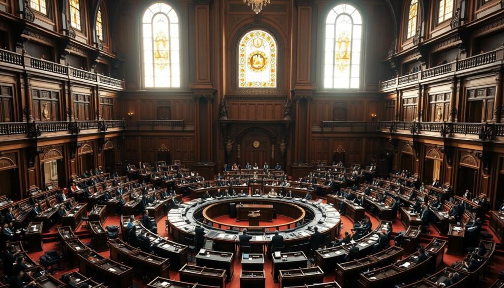 A grand legislative chamber, illuminated by natural light filtering through stained glass windows. At the center, a circular table where representatives of Indonesia's Majelis Permusyawaratan Rakyat (MPR) convene, engaged in solemn deliberation. The atmosphere is one of reverence and gravitas, as the members carefully consider the processes and procedures that govern the amendment of the 1945 Constitution. Ornate wooden furnishings and intricate architectural details lend an air of grandeur and historical significance to the scene. Capturing the solemnity and importance of this democratic institution, the image conveys the weight and dignity of the MPR's constitutional role.