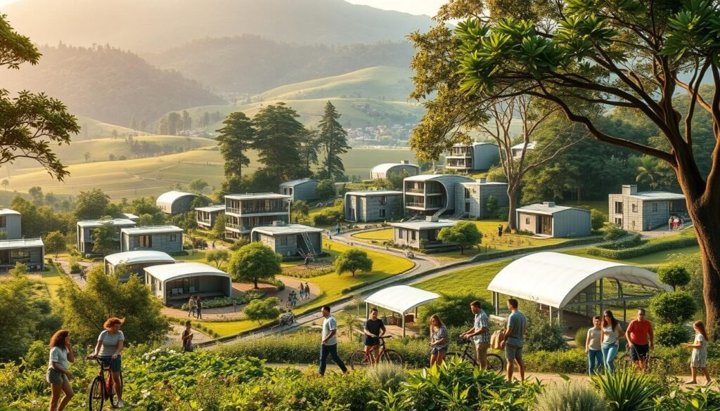A lush, sustainable community nestled in a verdant landscape. In the foreground, a group of diverse individuals engaged in eco-friendly activities - tending to community gardens, cycling, and participating in renewable energy initiatives. The middle ground showcases modern, energy-efficient buildings seamlessly integrated with the natural environment, their sleek, minimalist designs complementing the verdant surroundings. In the background, towering trees and rolling hills create a picturesque, serene backdrop, conveying a sense of harmony between human and nature. Warm, diffused lighting casts a soft glow, evoking a tranquil, hopeful atmosphere. The scene embodies the concept of "generasi hijau berkelanjutan" - a sustainable, environmentally conscious community dedicated to a greener, more resilient future.