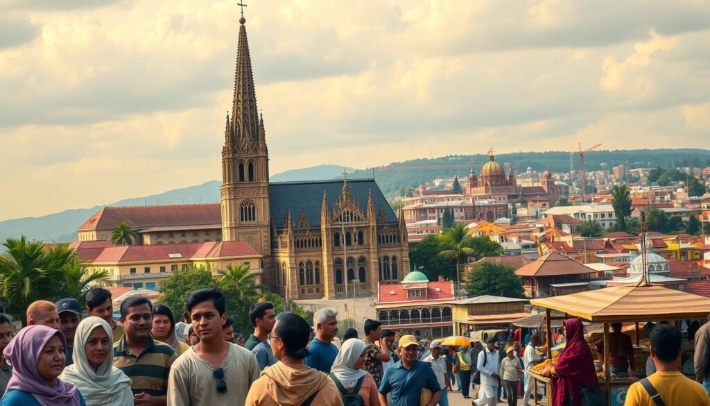 A majestic cathedral stands tall, its spires reaching towards the heavens, symbolizing the profound influence of religion on the social fabric. In the foreground, people of diverse backgrounds gather, their expressions serene and contemplative, conveying the unifying power of faith. The mid-ground showcases a bustling marketplace, where merchants and artisans exchange goods, their interactions shaped by the moral and ethical principles instilled by their religious beliefs. In the distance, a vibrant community thrives, its infrastructure and institutions reflective of the values and traditions that have been passed down through generations, all woven into the tapestry of social progress.