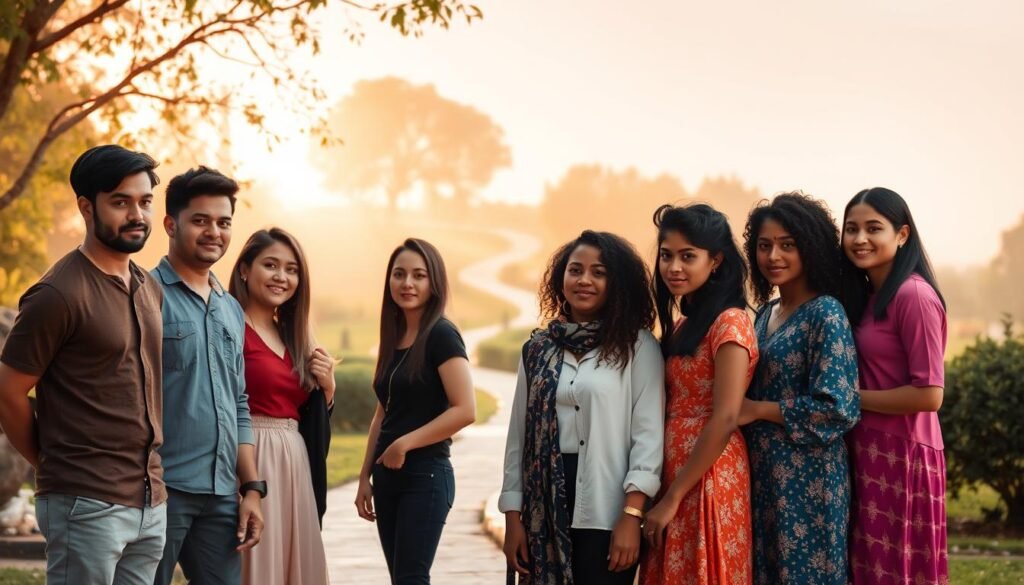 A serene and harmonious scene of gender equality. In the foreground, a diverse group of individuals stand side by side, their expressions conveying a sense of unity and mutual respect. Their clothing and postures suggest a balance of traditionally masculine and feminine attributes. In the middle ground, a tranquil park-like setting with lush greenery and a winding path, symbolizing the journey towards a more equitable society. The background is bathed in warm, golden light, creating an atmosphere of hope and progress. The overall composition evokes a spirit of inclusivity, where individuals are celebrated for their unique identities and contributions, rather than defined by their gender.