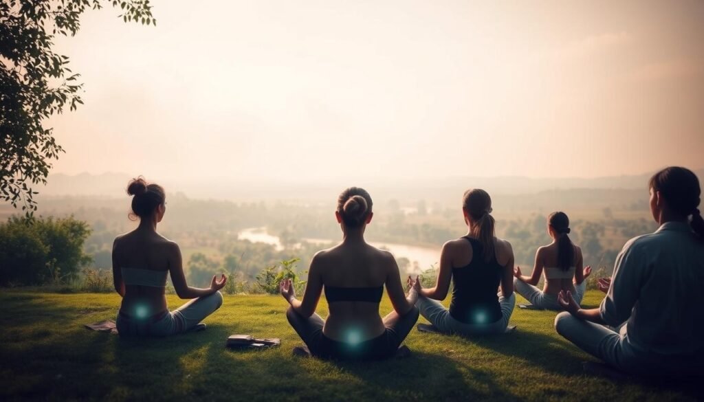 A serene outdoor setting, bathed in a warm, diffused light. In the foreground, a group of people sitting cross-legged, their hands gently resting on their laps, eyes closed in deep meditation. An ethereal, luminous aura emanates from their bodies, creating a sense of tranquility and interconnectedness. In the middle ground, a lush, verdant landscape with gently swaying trees and a calming river. The background is hazy, with soft, wispy clouds drifting across a pale blue sky, creating a dreamlike, otherworldly atmosphere. The overall mood is one of deep contemplation, spiritual awakening, and the powerful impact of aura farming on individual and social well-being.