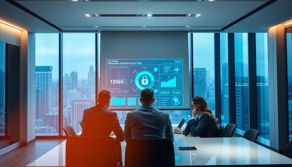 A sleek, modern office interior with a focus on cybersecurity and data protection. In the foreground, a team of professionals collaborating at a large conference table, discussing digital security measures and strategies. Soft, directional lighting from overhead casts a warm glow, creating an atmosphere of professionalism and diligence. In the middle ground, a projection screen displays detailed data visualizations, charts, and information related to data privacy and network safeguards. The background features floor-to-ceiling windows overlooking a bustling cityscape, symbolizing the company's role in securing sensitive information in the digital landscape.