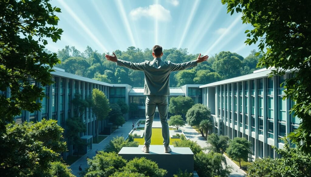 A sleek, modern university campus surrounded by lush greenery. At the center, a dynamic figure stands with arms outstretched, symbolizing transformative digital leadership. The campus buildings are adorned with cutting-edge tech, reflecting the integration of emerging technologies. Beams of light radiate outward, illuminating the path forward. The atmosphere is one of innovation, progress, and a bold vision for the future of digital education.