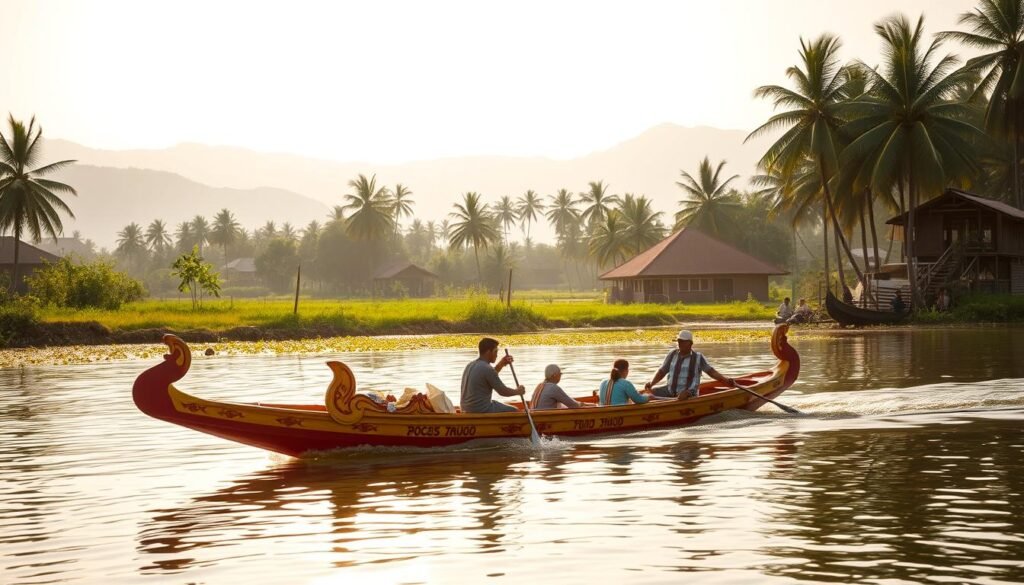 A tranquil rural scene of a traditional pacu jalur boat race on a serene river. In the foreground, a vibrant red and yellow wooden boat with ornate carvings glides across the glistening water, its oarsmen working in perfect synchrony. The middle ground features lush green riverbanks dotted with palm trees and traditional wooden stilt houses, reflecting the local cultural heritage. In the background, distant misty mountains create a peaceful, atmospheric backdrop. Warm, golden sunlight filters through, casting a soft, nostalgic glow over the entire tableau. The scene evokes a sense of timeless tradition and the close connection between the community and their natural environment.