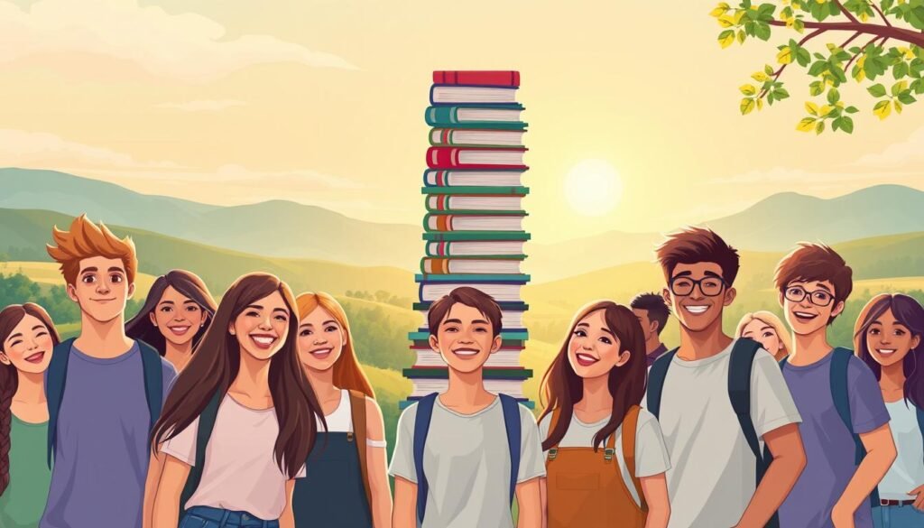 A vibrant illustration of the benefits of scholarships for students. In the foreground, a diverse group of young people in casual attire, their faces alight with joy and determination, symbolizing the empowerment and opportunities scholarships provide. In the middle ground, a towering stack of books and academic resources, representing the educational tools and knowledge these scholarships enable. The background showcases a serene, sun-dappled landscape, conveying a sense of hope, growth, and the bright futures these students can now envision. Soft, warm lighting bathes the scene, creating an atmosphere of positivity and encouragement. Captured through a wide-angle lens, the image conveys a sense of inclusivity and the far-reaching impact of these scholarship programs.