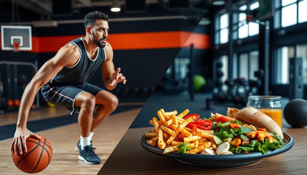 Atlet basket melakukan kombinasi latihan dan nutrisi yang tepat Atlet basket melakukan kombinasi latihan dan nutrisi yang tepat