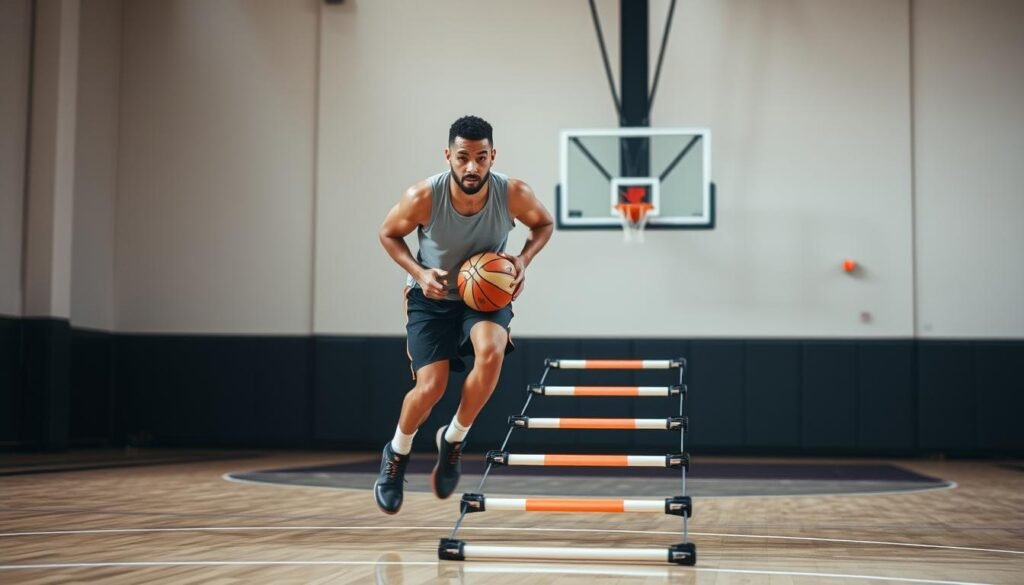 Atlet basket melakukan latihan agility ladder untuk meningkatkan kecepatan kaki Atlet basket melakukan latihan agility ladder untuk meningkatkan kecepatan kaki