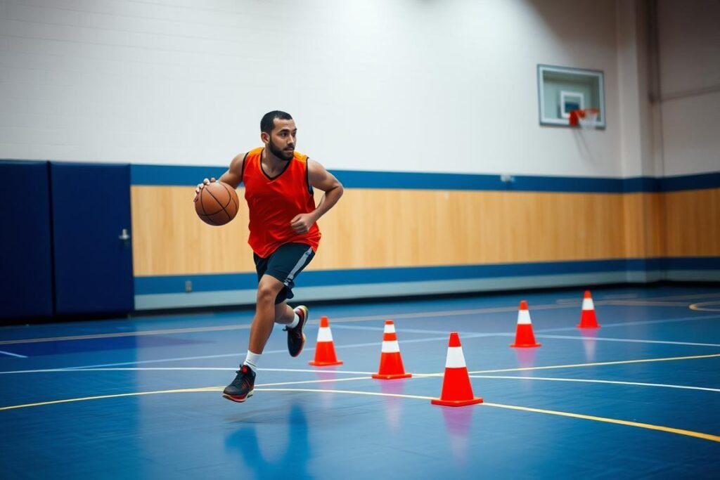 Atlet basket melakukan latihan agility untuk meningkatkan pergerakan horizontal Atlet basket melakukan latihan agility untuk meningkatkan pergerakan horizontal