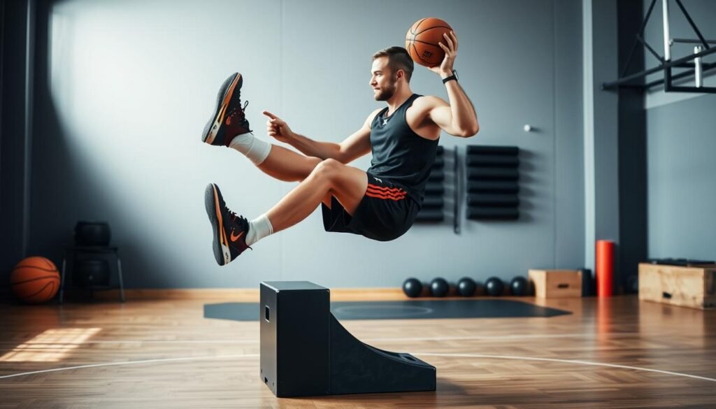 Atlet basket melakukan latihan depth jump untuk meningkatkan daya ledak otot tungkai Atlet basket melakukan latihan depth jump untuk meningkatkan daya ledak otot tungkai