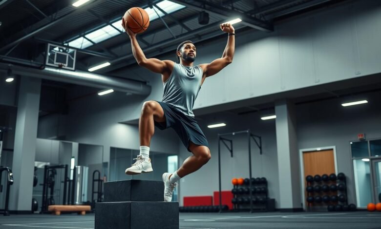 Atlet basket melakukan latihan plyometric untuk meningkatkan daya ledak