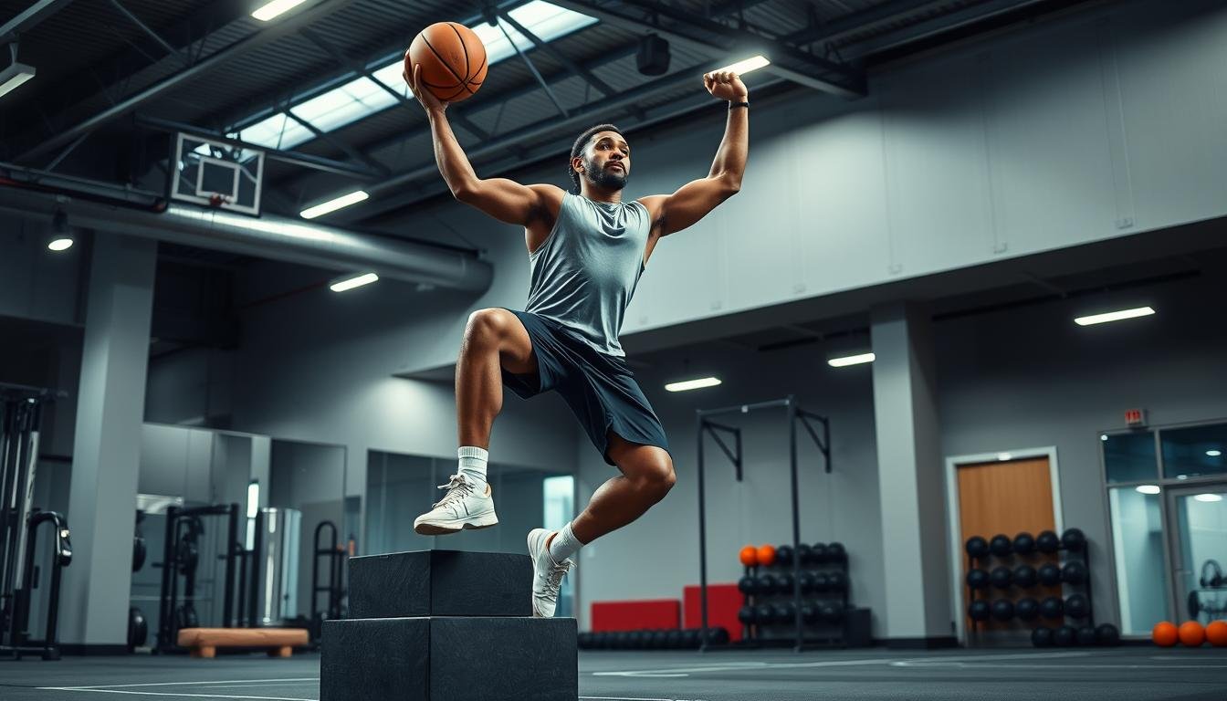Atlet basket melakukan latihan plyometric untuk meningkatkan daya ledak