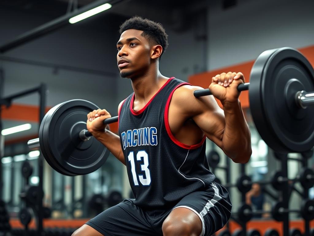Atlet basket melakukan latihan squat untuk meningkatkan kekuatan otot tungkai Atlet basket melakukan latihan squat untuk meningkatkan kekuatan otot tungkai