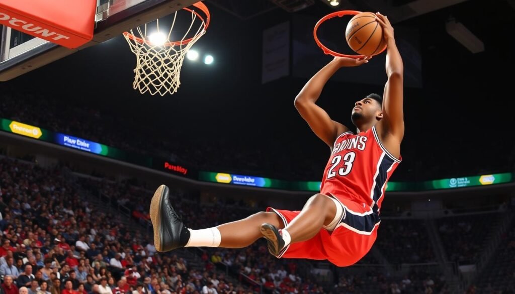 Atlet basket profesional menunjukkan daya ledak saat melakukan dunk Atlet basket profesional menunjukkan daya ledak saat melakukan dunk