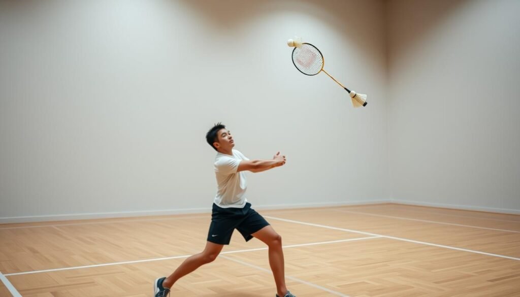 A badminton player in a well-lit indoor court, meticulously returning a shuttlecock with a graceful overhead stroke. The player's focus is intense, their form fluid and balanced. The shuttlecock is captured mid-flight, with its distinctive feathers trailing behind. The court's polished wooden floor and neutral-toned walls create a clean, minimalist backdrop, allowing the player's movement to take center stage. Soft, directional lighting casts subtle shadows, accentuating the player's musculature and the shuttlecock's trajectory. The overall mood is one of controlled power and precision, reflecting the discipline and technique required in the fundamentals of badminton.