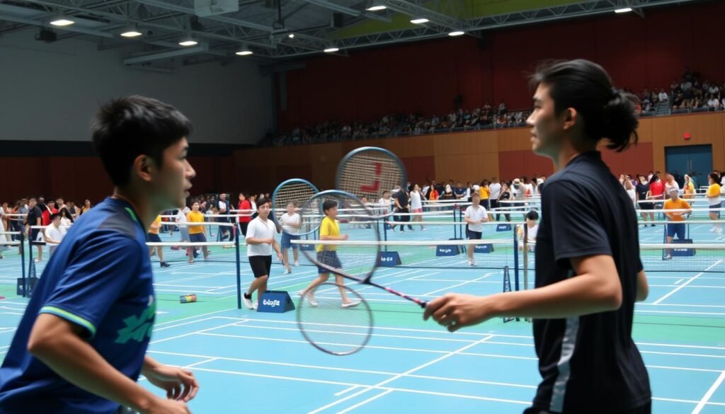 A bustling badminton tournament in a vibrant indoor arena. The foreground features two players in mid-rally, their rackets a blur as they engage in an intense back-and-forth. Spectators in the middle ground watch intently, their faces filled with excitement. In the background, a sea of neatly arranged badminton courts, each hosting a match, creates a dynamic and competitive atmosphere. Bright, even lighting illuminates the scene, highlighting the players' agility and the spectators' rapt attention. The overall mood evokes the thrill and camaraderie of a spirited badminton tournament, perfect for showcasing the sport's appeal to beginners.