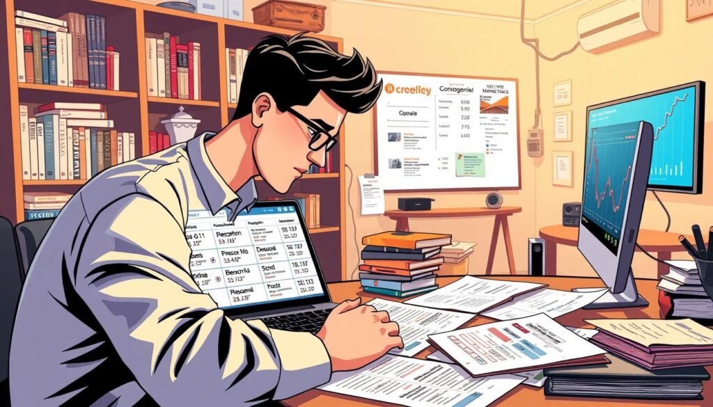 A detailed illustration of a person expertly navigating the process of selling domain names. The foreground features a person at a desk, intently studying a laptop screen with a variety of domain name options displayed. In the middle ground, various domain name registration documents, sales receipts, and financial records are neatly organized. The background showcases a well-equipped home office, with shelves of relevant books, a whiteboard displaying sales strategies, and a wall-mounted monitor displaying real-time domain marketplace trends. The lighting is warm and focused, conveying a sense of professionalism and productivity. The overall mood is one of confident expertise in the domain sales industry. A detailed illustration of a person expertly navigating the process of selling domain names. The foreground features a person at a desk, intently studying a laptop screen with a variety of domain name options displayed. In the middle ground, various domain name registration documents, sales receipts, and financial records are neatly organized. The background showcases a well-equipped home office, with shelves of relevant books, a whiteboard displaying sales strategies, and a wall-mounted monitor displaying real-time domain marketplace trends. The lighting is warm and focused, conveying a sense of professionalism and productivity. The overall mood is one of confident expertise in the domain sales industry.