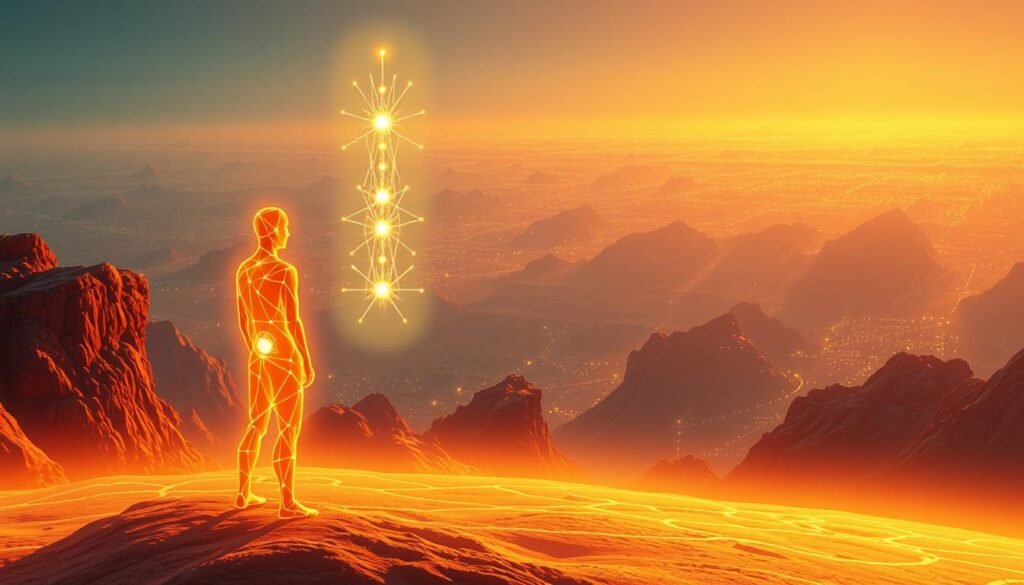 A futuristic landscape of epistemological inquiry, bathed in a warm, ethereal glow. In the foreground, a stylized human figure symbolizing the modern seeker of knowledge, their form composed of glowing geometric shapes. The middle ground features a towering, abstract structure resembling a neural network, pulsing with an internal luminescence that illuminates the scene. In the distant background, a horizon of cascading data streams and fractalized patterns, hinting at the ever-evolving nature of contemporary epistemology. The overall composition conveys a sense of exploration, interconnectedness, and the boundless potential of the pursuit of knowledge in the modern era.