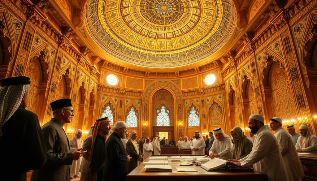 A grand, ornate hall with intricate Islamic architectural elements, illuminated by warm, golden lighting. In the foreground, a group of government officials in traditional Islamic robes engaged in a lively discussion, their expressions thoughtful and deliberate. In the middle ground, a large table with various documents and ledgers, symbolizing the government's role in shaping Islamic economic policies. The background features a majestic, domed ceiling adorned with intricate calligraphy and geometric patterns, conveying a sense of grandeur and reverence. The overall scene exudes a atmosphere of contemplation, as the government officials ponder the principles of economic justice and their implementation within an Islamic framework. A grand, ornate hall with intricate Islamic architectural elements, illuminated by warm, golden lighting. In the foreground, a group of government officials in traditional Islamic robes engaged in a lively discussion, their expressions thoughtful and deliberate. In the middle ground, a large table with various documents and ledgers, symbolizing the government's role in shaping Islamic economic policies. The background features a majestic, domed ceiling adorned with intricate calligraphy and geometric patterns, conveying a sense of grandeur and reverence. The overall scene exudes a atmosphere of contemplation, as the government officials ponder the principles of economic justice and their implementation within an Islamic framework.