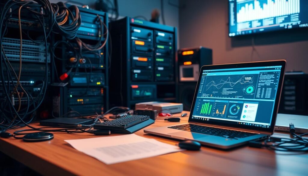 A professional network engineer's workspace, bathed in warm, ambient lighting. In the foreground, an array of networking equipment, cables, and tools meticulously arranged. In the middle ground, a laptop displaying complex network diagrams and data analytics, reflecting the engineer's technical expertise. The background features a wall-mounted display showcasing real-time network performance metrics, highlighting the dynamic nature of the field. The overall scene conveys the multifaceted responsibilities and technical prowess required of a successful network engineer, whose skills and knowledge directly influence their earning potential.