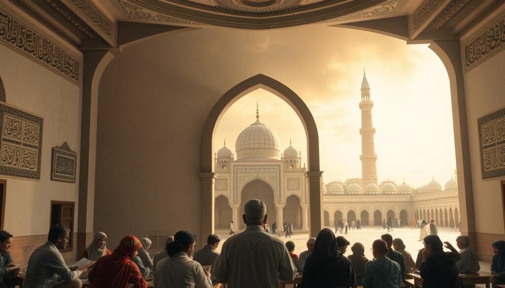 A serene, dimly lit classroom interior with ornate Arabic calligraphy adorning the walls. In the foreground, a group of diverse students, both male and female, intently studying ancient Islamic texts under the watchful eye of a wise, elderly scholar. The middle ground features a grand, domed archway leading to an expansive courtyard, where young learners engage in lively discussions. The background depicts a majestic mosque, its towering minaret silhouetted against a warm, golden-hued sky, symbolizing the centrality of Islamic education and its profound influence on the community. A serene, dimly lit classroom interior with ornate Arabic calligraphy adorning the walls. In the foreground, a group of diverse students, both male and female, intently studying ancient Islamic texts under the watchful eye of a wise, elderly scholar. The middle ground features a grand, domed archway leading to an expansive courtyard, where young learners engage in lively discussions. The background depicts a majestic mosque, its towering minaret silhouetted against a warm, golden-hued sky, symbolizing the centrality of Islamic education and its profound influence on the community.