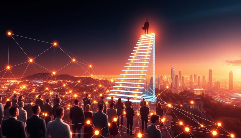 A striking, high-resolution image of a career progression network for network engineers. In the foreground, a diverse group of network engineers in various roles, each represented by a 3D node connected by glowing lines, depicting the interconnected nature of the field. The middle ground showcases a tower of ascending steps, symbolizing the potential career trajectory, with a network engineer at the top, overlooking the landscape. The background features a futuristic city skyline, hinting at the strong demand and growth potential for network engineering expertise. The scene is lit by a soft, warm light, creating a sense of ambition and opportunity. The overall composition conveys the dynamic, interconnected, and aspirational nature of a network engineer's career path.