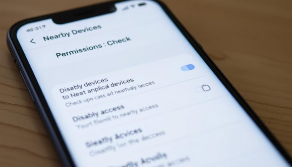 A clean, well-lit settings menu on a smartphone display, showing the "Nearby Devices" permission controls. Crisp UI elements in a minimalist, modern design with subtle shadows and highlights. The focus is on the options to check, adjust, and disable access to nearby devices, conveying a sense of control and security. The background is blurred, emphasizing the centrality of the settings interface. Careful camera framing and angle to showcase the relevant sections and options in a clear, informative manner. A clean, well-lit settings menu on a smartphone display, showing the "Nearby Devices" permission controls. Crisp UI elements in a minimalist, modern design with subtle shadows and highlights. The focus is on the options to check, adjust, and disable access to nearby devices, conveying a sense of control and security. The background is blurred, emphasizing the centrality of the settings interface. Careful camera framing and angle to showcase the relevant sections and options in a clear, informative manner.