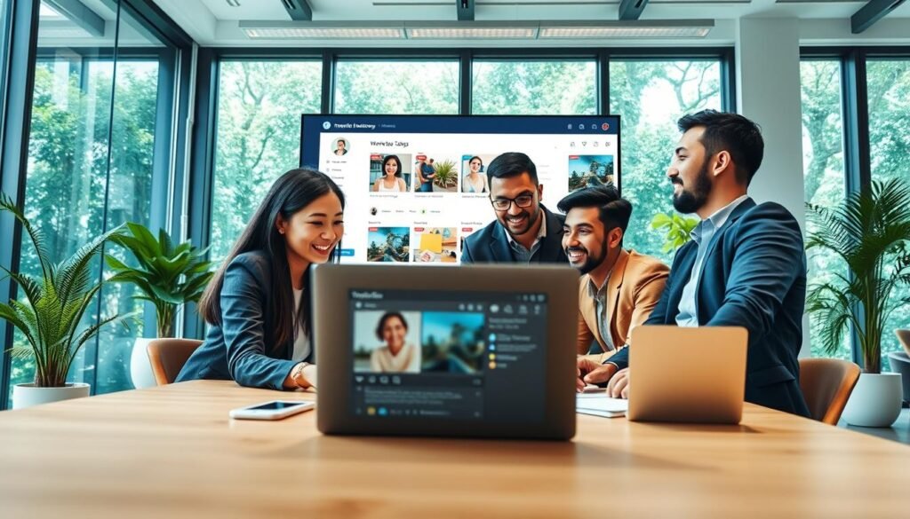 A dynamic and engaging business strategy meeting taking place in a bright, modern office space. In the foreground, a diverse group of three professionals, a Southeast Asian woman and two men in professional attire, are discussing marketing strategies on a laptop displaying an Instagram interface. The middle ground features a large wall screen showcasing analytics and visual content that highlights Instagram's business potential. In the background, large windows let in natural light, creating an inspiring atmosphere filled with greenery. The mood is collaborative and vibrant, emphasizing innovation and creativity in leveraging Instagram for business success. The angle is slightly elevated, giving a clear view of both the team and the rich digital environment, captured in high-resolution with warm, inviting lighting. A dynamic and engaging business strategy meeting taking place in a bright, modern office space. In the foreground, a diverse group of three professionals, a Southeast Asian woman and two men in professional attire, are discussing marketing strategies on a laptop displaying an Instagram interface. The middle ground features a large wall screen showcasing analytics and visual content that highlights Instagram's business potential. In the background, large windows let in natural light, creating an inspiring atmosphere filled with greenery. The mood is collaborative and vibrant, emphasizing innovation and creativity in leveraging Instagram for business success. The angle is slightly elevated, giving a clear view of both the team and the rich digital environment, captured in high-resolution with warm, inviting lighting.