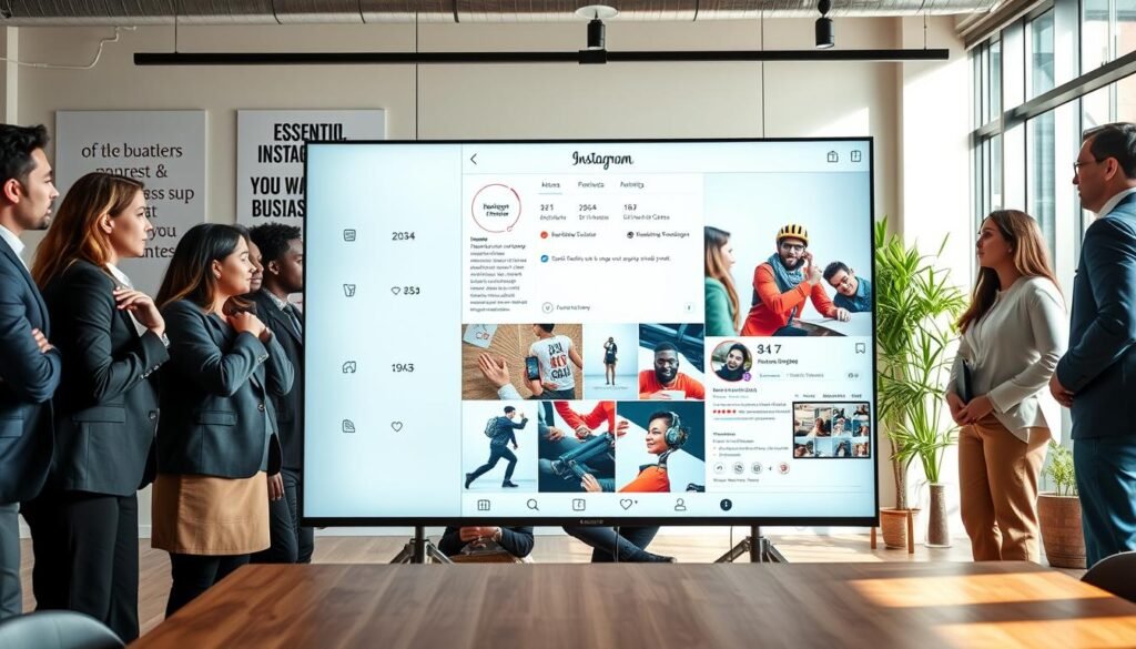 A modern and stylish workspace showcasing essential Instagram features for businesses. In the foreground, a diverse group of professionals, dressed in smart business attire, are engaged in a brainstorming session. The middle ground features a large screen displaying an Instagram interface, highlighting key features like shopping options, analytics, and engaging post formats. The background includes a bright office setting with motivational posters about social media growth and collaboration. Soft natural light streams in through large windows, creating an inviting atmosphere. The image should convey a sense of creativity, professionalism, and the dynamic potential of Instagram for business success. The angle should capture both the group and the screen prominently, emphasizing teamwork and digital engagement. A modern and stylish workspace showcasing essential Instagram features for businesses. In the foreground, a diverse group of professionals, dressed in smart business attire, are engaged in a brainstorming session. The middle ground features a large screen displaying an Instagram interface, highlighting key features like shopping options, analytics, and engaging post formats. The background includes a bright office setting with motivational posters about social media growth and collaboration. Soft natural light streams in through large windows, creating an inviting atmosphere. The image should convey a sense of creativity, professionalism, and the dynamic potential of Instagram for business success. The angle should capture both the group and the screen prominently, emphasizing teamwork and digital engagement.