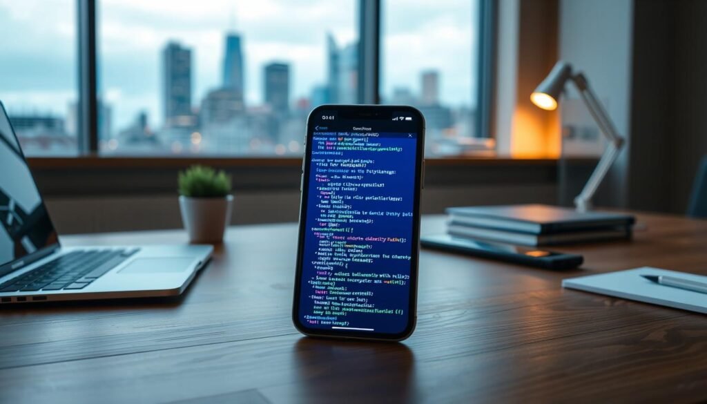 A sleek, modern workspace featuring a high-end iPhone displaying visually rich Python code snippets on its screen. In the foreground, a well-organized wooden desk adorned with a high-resolution laptop and a small potted plant. In the middle, a vibrant digital interface showcasing advanced Python programming concepts and iOS features, such as shortcut icons and clean code layouts, illuminated by a soft, ambient light. The background features a blurred city skyline visible through a large window, suggesting innovation and technology. The atmosphere is dynamic and inspiring, highlighting the cutting-edge nature of programming on iOS without a Mac. The lighting is cool, creating a professional and engaging environment suitable for tech enthusiasts and programmers. A sleek, modern workspace featuring a high-end iPhone displaying visually rich Python code snippets on its screen. In the foreground, a well-organized wooden desk adorned with a high-resolution laptop and a small potted plant. In the middle, a vibrant digital interface showcasing advanced Python programming concepts and iOS features, such as shortcut icons and clean code layouts, illuminated by a soft, ambient light. The background features a blurred city skyline visible through a large window, suggesting innovation and technology. The atmosphere is dynamic and inspiring, highlighting the cutting-edge nature of programming on iOS without a Mac. The lighting is cool, creating a professional and engaging environment suitable for tech enthusiasts and programmers.
