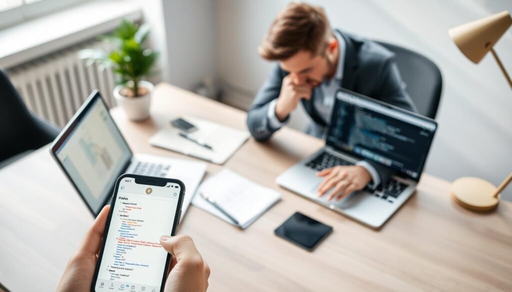 A sleek, modern workspace scene featuring a focused professional man in business casual attire, working on an iPhone. In the foreground, the iPhone displays a clean interface of a Python script editor, with colorful code snippets visible. The middle layer showcases a stylish laptop open beside the iPhone, with Python file management software on the screen. In the background, an organized desk with a potted plant, notepads, and a minimalist lamp creates a calm atmosphere. Soft, natural lighting filters through a window, casting gentle shadows. The overall mood is one of productivity and innovation, illustrating effective file management in Python on iOS, set in a contemporary tech environment. A sleek, modern workspace scene featuring a focused professional man in business casual attire, working on an iPhone. In the foreground, the iPhone displays a clean interface of a Python script editor, with colorful code snippets visible. The middle layer showcases a stylish laptop open beside the iPhone, with Python file management software on the screen. In the background, an organized desk with a potted plant, notepads, and a minimalist lamp creates a calm atmosphere. Soft, natural lighting filters through a window, casting gentle shadows. The overall mood is one of productivity and innovation, illustrating effective file management in Python on iOS, set in a contemporary tech environment.