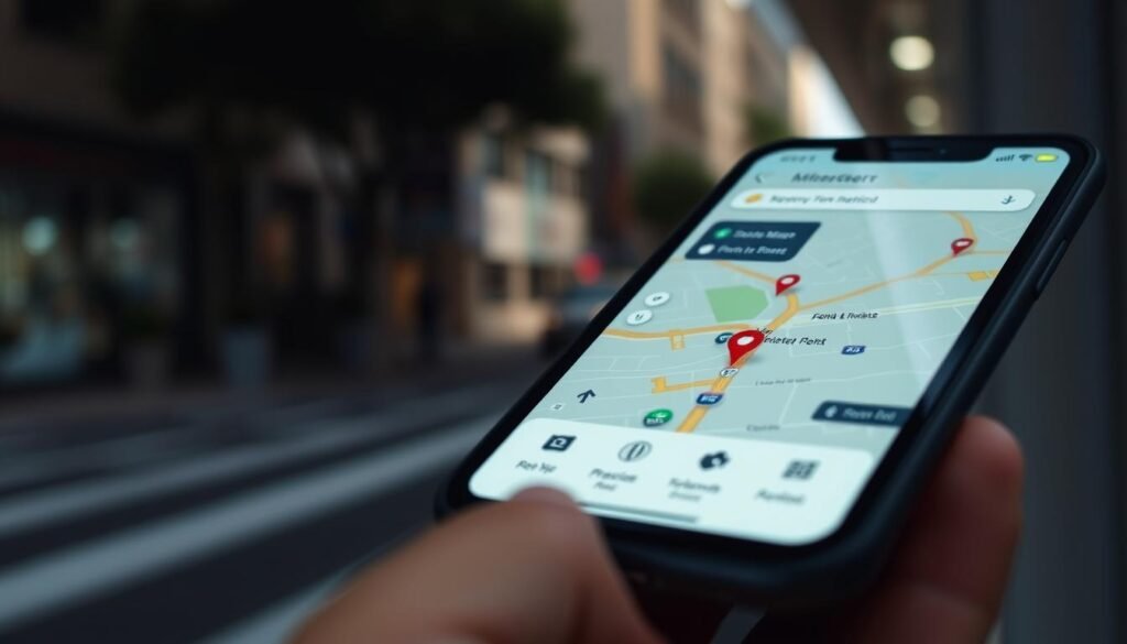 A well-lit, modern smartphone screen displaying a map interface with nearby points of interest marked. The map shows a city street scene in the background, captured from a slightly elevated angle to provide a clear view. The foreground focuses on the map UI, with intuitive icons and controls. The overall composition conveys a sense of utility and functionality, suitable for illustrating a section on managing device permissions. The lighting is natural and directional, creating depth and highlighting the screen's interface elements. The camera angle is carefully selected to showcase the map's details without distracting from the central focus. A well-lit, modern smartphone screen displaying a map interface with nearby points of interest marked. The map shows a city street scene in the background, captured from a slightly elevated angle to provide a clear view. The foreground focuses on the map UI, with intuitive icons and controls. The overall composition conveys a sense of utility and functionality, suitable for illustrating a section on managing device permissions. The lighting is natural and directional, creating depth and highlighting the screen's interface elements. The camera angle is carefully selected to showcase the map's details without distracting from the central focus.