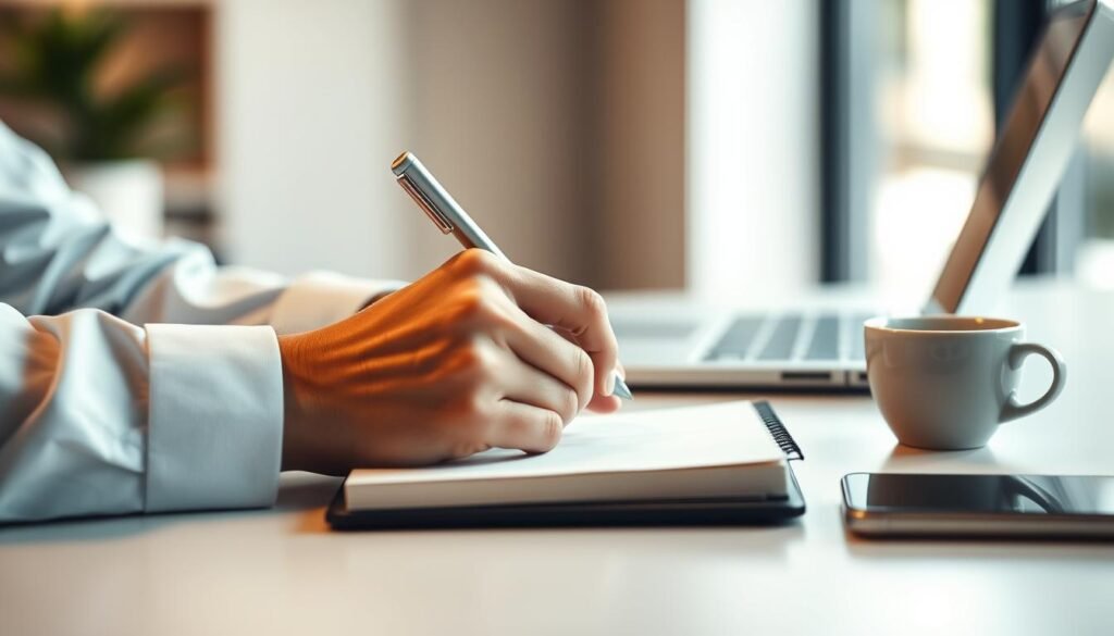 Capture the moment of an office worker quickly jotting down notes on a digital notepad. A clean, minimalist desk with a laptop, cup of coffee, and a smartphone in the foreground. Soft, warm lighting casts a focused glow on the hands as they move, conveying a sense of productivity and efficiency. The background blurs softly, emphasizing the subject's intent focus. Employ a crisp, detailed rendering style to highlight the tactile quality of the digital interface and the fluidity of the note-taking process. Evoke a mood of thoughtful concentration and the satisfaction of a task well-organized. Capture the moment of an office worker quickly jotting down notes on a digital notepad. A clean, minimalist desk with a laptop, cup of coffee, and a smartphone in the foreground. Soft, warm lighting casts a focused glow on the hands as they move, conveying a sense of productivity and efficiency. The background blurs softly, emphasizing the subject's intent focus. Employ a crisp, detailed rendering style to highlight the tactile quality of the digital interface and the fluidity of the note-taking process. Evoke a mood of thoughtful concentration and the satisfaction of a task well-organized.