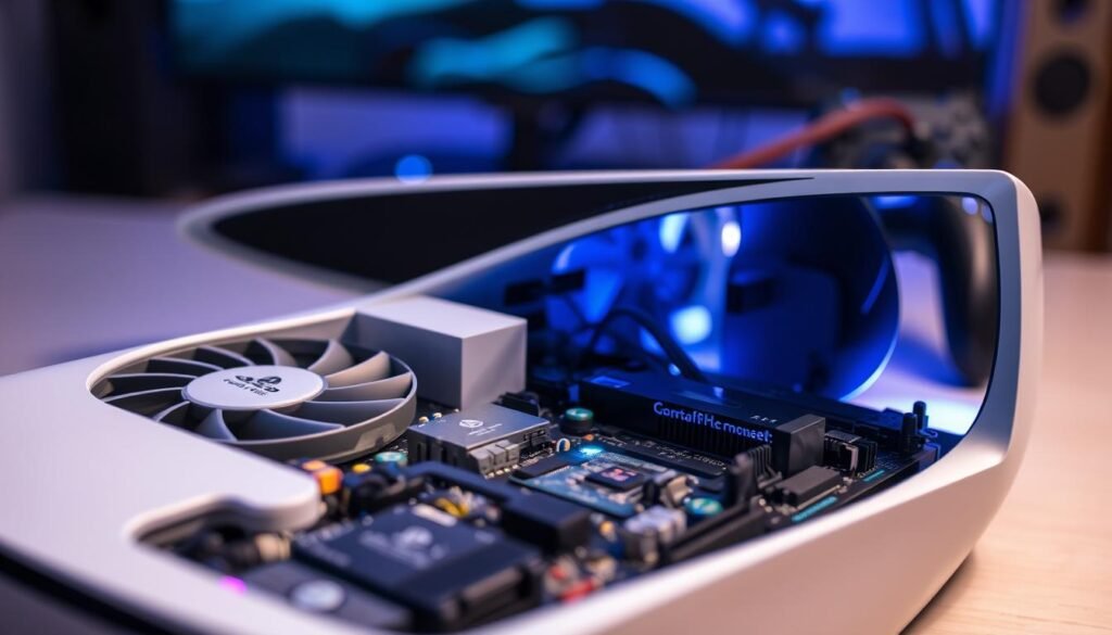 A close-up view of a PlayStation 5 console, featuring detailed hardware components like the cooling fan, motherboard, and power supply, arranged in a way that highlights potential areas of concern. The foreground should focus on the inner workings of the PS5, showcasing circuit boards and wiring with a slight glow indicating potential overheating. The middle layer captures the console's sleek design in a neutral color scheme, with a soft focus emphasizing its elegance. In the background, a blurred gaming setup with soft blue lighting creates an immersive atmosphere, evoking a sense of modern technology. The overall mood is technical and serious, reflecting a scenario where attention to hardware issues is critical. Use dramatic yet soft lighting to highlight details without overwhelming the image.