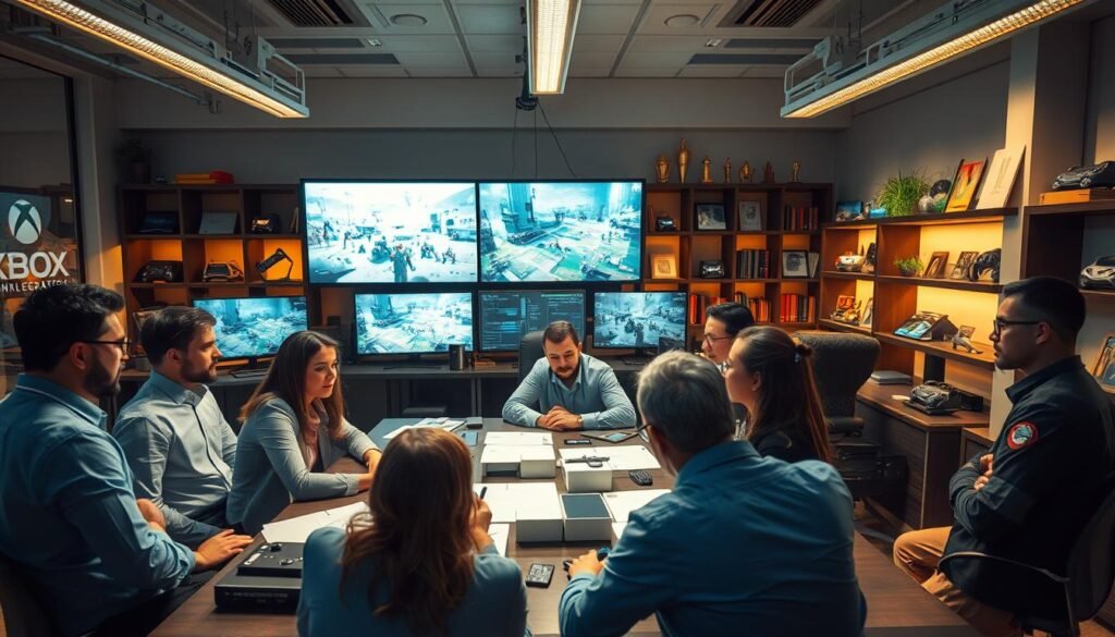 A dramatic scene depicting a modern video game studio environment, focusing on "Krisis Xbox Studios." In the foreground, a diverse group of professionals in business attire is engaged in a heated discussion around a table filled with game design sketches and digital devices. The middle area shows large monitors displaying game graphics and analytics, symbolizing the high stakes of game development. In the background, shelves lined with gaming memorabilia and awards reflect the legacy of Xbox. The room is well-lit with soft overhead lights casting a warm glow, creating an atmosphere of tension and urgency. The angle is slightly tilted from above, offering a comprehensive view of the team dynamics and studio setup, capturing the essence of the current challenges facing Xbox Studios in 2025. A dramatic scene depicting a modern video game studio environment, focusing on "Krisis Xbox Studios." In the foreground, a diverse group of professionals in business attire is engaged in a heated discussion around a table filled with game design sketches and digital devices. The middle area shows large monitors displaying game graphics and analytics, symbolizing the high stakes of game development. In the background, shelves lined with gaming memorabilia and awards reflect the legacy of Xbox. The room is well-lit with soft overhead lights casting a warm glow, creating an atmosphere of tension and urgency. The angle is slightly tilted from above, offering a comprehensive view of the team dynamics and studio setup, capturing the essence of the current challenges facing Xbox Studios in 2025.