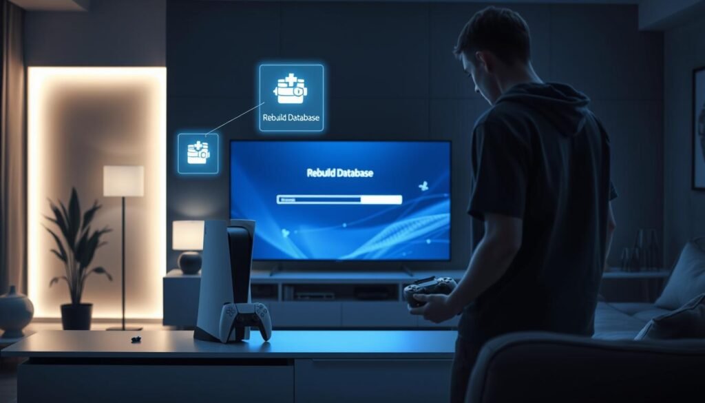 A futuristic living room scene featuring a PlayStation 5 console prominently displayed on a sleek, modern entertainment unit. In the foreground, a user, dressed in a casual yet stylish outfit, is intently focused on the console, with their hands on a game controller. Surrounding them, a subtle glow emanates from the console, indicating it's in safe mode, while floating holographic icons representing the &amp;quot;Rebuild Database&amp;quot; process hover above the console, illuminated softly. The middle ground showcases a large, flat-screen TV displaying a visual representation of system recovery, such as an animated progress bar. In the background, a cozy ambiance created by dim lighting and decorative elements sets a relaxed atmosphere, suitable for gaming and troubleshooting. The overall mood blends anticipation and technology, emphasizing a calm recovery from a system crash.