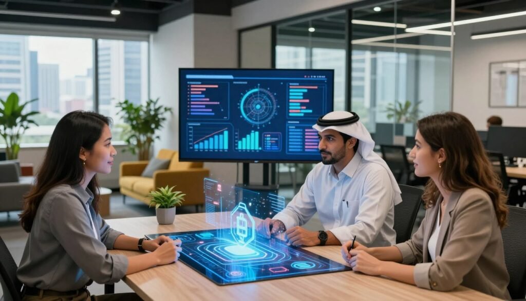 A modern, professional office environment showcasing representatives from various blockchain support institutions in Indonesia. In the foreground, a diverse group of three individuals (a Southeast Asian woman, a Middle-Eastern man, and a Caucasian woman) are engaged in a collaborative discussion around a sleek, digital table with holographic blockchain visuals. The middle features a large screen displaying charts and graphs related to blockchain technology, with cityscape views of Jakarta visible through glass walls. In the background, a vibrant coworking space filled with plants and modern furniture, illuminated by soft natural light filtering through the windows. The mood is energetic and optimistic, reflecting innovation and support within the blockchain community. A modern, professional office environment showcasing representatives from various blockchain support institutions in Indonesia. In the foreground, a diverse group of three individuals (a Southeast Asian woman, a Middle-Eastern man, and a Caucasian woman) are engaged in a collaborative discussion around a sleek, digital table with holographic blockchain visuals. The middle features a large screen displaying charts and graphs related to blockchain technology, with cityscape views of Jakarta visible through glass walls. In the background, a vibrant coworking space filled with plants and modern furniture, illuminated by soft natural light filtering through the windows. The mood is energetic and optimistic, reflecting innovation and support within the blockchain community.