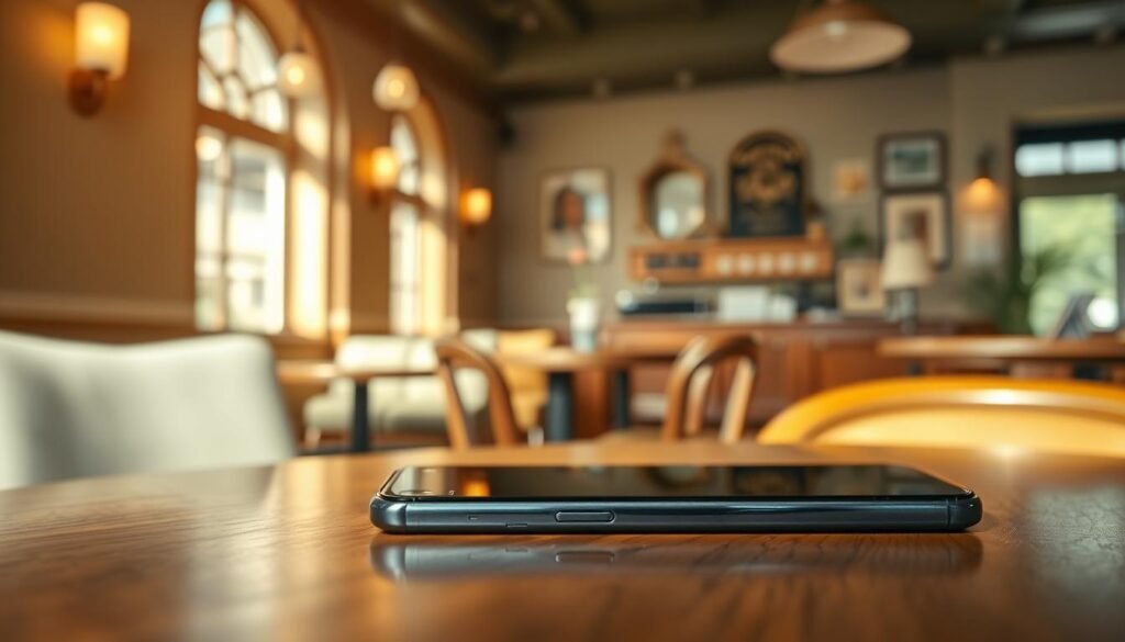 A sleek, modern smartphone prominently displayed in the foreground, showcasing its high-resolution front camera in pristine detail. The camera lens is glinting in soft, natural lighting, highlighting its features like dual lenses and flash. In the middle ground, an elegant background of a cozy café with warm, inviting decor, subtly out of focus to draw attention to the phone. Soft, diffused sunlight filters through the window, creating a cheerful atmosphere. The smartphone rests on a polished wooden table, with a subtle reflection underneath, enhancing its premium quality. The scene conveys a mood of sophistication and modernity, ideal for photography enthusiasts seeking the perfect selfie experience.