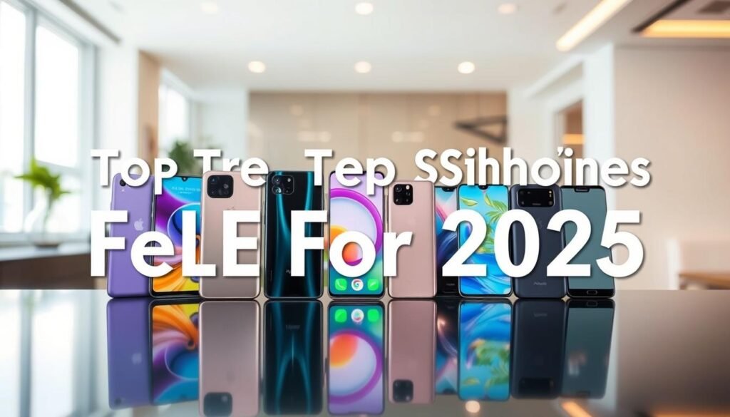 A visually striking display of the top smartphones for selfies in 2025, arranged in an elegant line against a softly blurred backdrop. In the foreground, the latest models from leading brands are highlighted, showcasing their sleek designs and advanced front-facing cameras. Use soft, natural lighting to accentuate the metallic finishes and vibrant colors of the devices. The middle ground should feature subtle reflections of the smartphones on a polished surface, artistically enhancing their allure. The background should be a modern, stylish environment, hinting at a tech-savvy lifestyle, with a bright, airy feel. Capture a mood of excitement and anticipation, ideal for tech enthusiasts and selfie lovers alike. Ensure all devices and elements focus on professionalism and innovation without any text or visual distractions.
