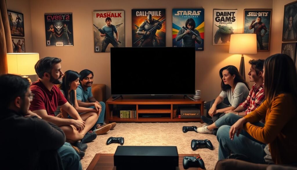 A visually striking scene depicting the impact of video game cancellations on the gaming community. In the foreground, a diverse group of gamers, both men and women, are gathered in a cozy living room, expressing disappointment and concern on their faces as they look at a blank screen where a highly anticipated game was supposed to be showcased. The middle ground features empty gaming consoles and controllers scattered around, symbolizing their unmet expectations. The background showcases posters of popular games, alongside some that were cancelled, enhancing the sense of loss. The lighting is soft, with a warm glow emanating from a nearby lamp, creating a melancholic yet thoughtful atmosphere. The image should have a cinematic angle, capturing the emotional gravity of the situation while being safe for work. A visually striking scene depicting the impact of video game cancellations on the gaming community. In the foreground, a diverse group of gamers, both men and women, are gathered in a cozy living room, expressing disappointment and concern on their faces as they look at a blank screen where a highly anticipated game was supposed to be showcased. The middle ground features empty gaming consoles and controllers scattered around, symbolizing their unmet expectations. The background showcases posters of popular games, alongside some that were cancelled, enhancing the sense of loss. The lighting is soft, with a warm glow emanating from a nearby lamp, creating a melancholic yet thoughtful atmosphere. The image should have a cinematic angle, capturing the emotional gravity of the situation while being safe for work.