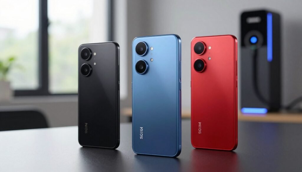 A detailed comparison of competitive smartphones in the 1 million IDR price segment, set in a modern tech environment. In the foreground, three distinct smartphones displayed on a sleek tabletop, highlighting their unique designs and color finishes—one in glossy black, another in matte blue, and the third in vibrant red. The middle ground features a subtle, blurred background showcasing a charging station, glowing subtly with LED lights, symbolizing fast charging technology. Soft, natural lighting filters in from a large window to create an inviting and tech-savvy atmosphere. Capture the scene at a slight angle to emphasize the smartphones while keeping a clean, professional look, conveying a sense of innovation and competition in the fast-charging arena. A detailed comparison of competitive smartphones in the 1 million IDR price segment, set in a modern tech environment. In the foreground, three distinct smartphones displayed on a sleek tabletop, highlighting their unique designs and color finishes—one in glossy black, another in matte blue, and the third in vibrant red. The middle ground features a subtle, blurred background showcasing a charging station, glowing subtly with LED lights, symbolizing fast charging technology. Soft, natural lighting filters in from a large window to create an inviting and tech-savvy atmosphere. Capture the scene at a slight angle to emphasize the smartphones while keeping a clean, professional look, conveying a sense of innovation and competition in the fast-charging arena.