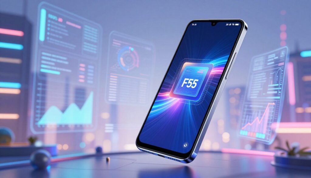 A dynamic, high-tech illustration showcasing the Galaxy F55 smartphone prominently in the foreground, displaying its sleek design and highlighting the advanced performance chipset. The smartphone screen features a modern, abstract graphical user interface that emphasizes speed and innovation. In the middle ground, an array of abstract data visuals and graphs representing performance metrics flows around the smartphone, suggesting cutting-edge technology. The background features a futuristic cityscape with soft neon lighting, enhancing the mood of advanced technology and competitiveness. The image is well-lit, with a focus on the phone, using a slight tilt angle to create depth and excitement. The overall atmosphere is vibrant and energetic, symbolizing the fusion of style and performance in the Galaxy F55.